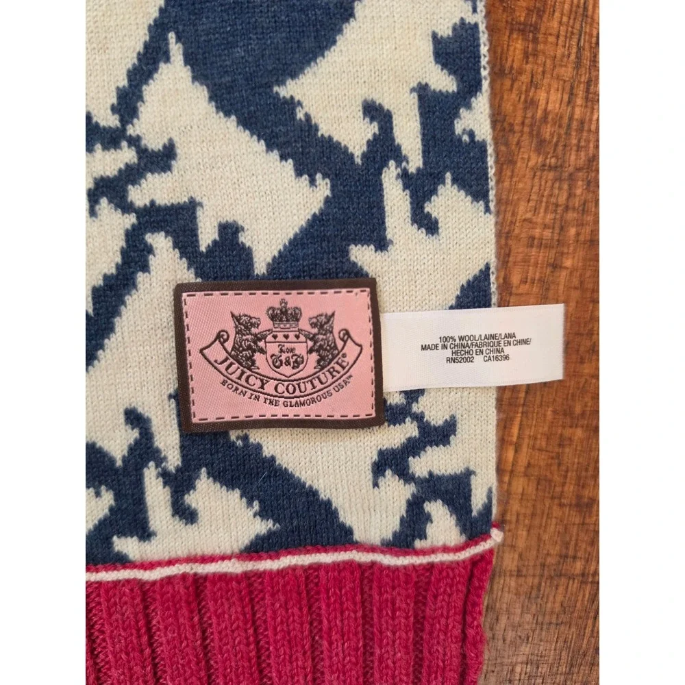 Juicy Couture Y2K Funky Cozy Warm 100% Wool Dog Pattern Cream Red Blue Scarf